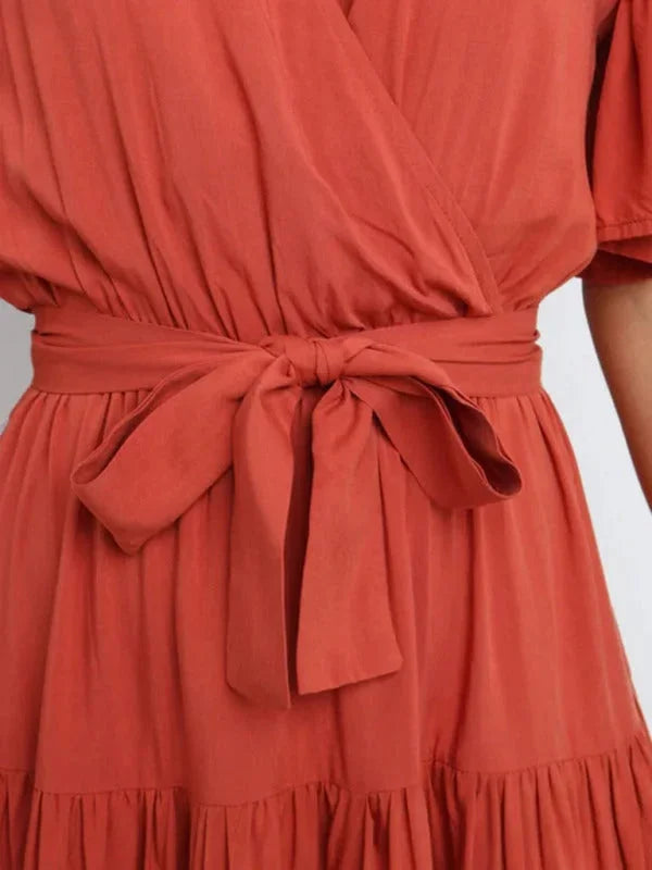 Kaleigha tiered midi dress with waist belt in soft cotton blend fabric, featuring a modern silhouette with 3-tier design.