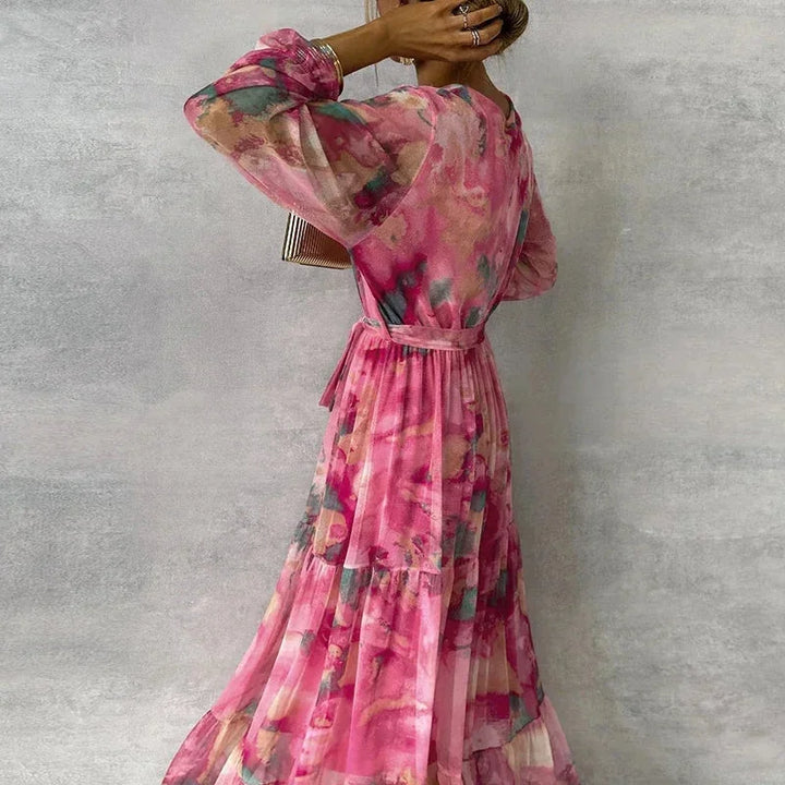 Pink printed long sleeve maxi dress with a Avanna floral pattern for women. Made of soft and lightweight fabric perfect…