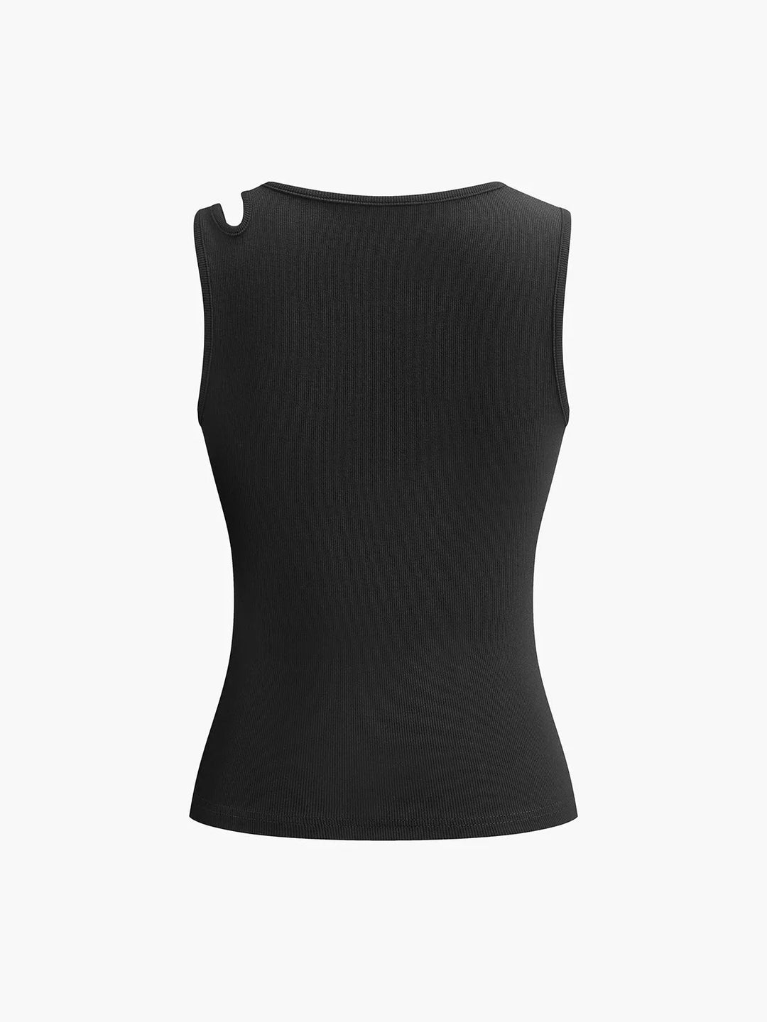 Asymmetric ribbed knit sleeveless top in soft, stretchy fabric, featuring a modern and stylish design.