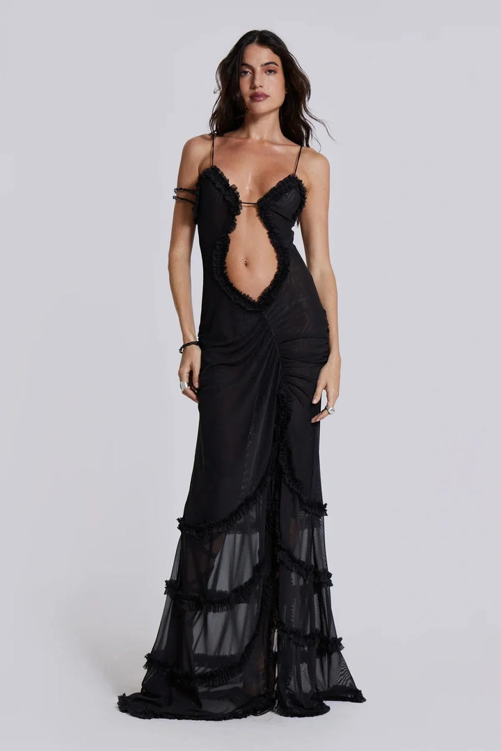 Black draped trim maxi dress with a deep V-neck design named Marie. Made from soft, flowing fabric for effortless…