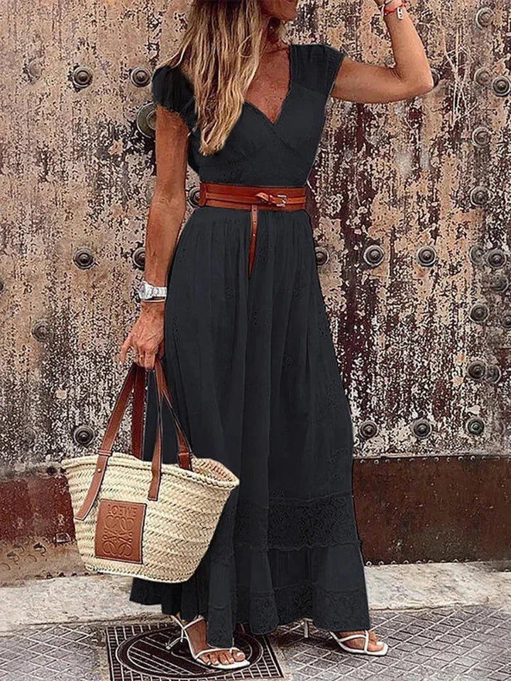 Navy lace V-neck maxi dress with belt, elegant and feminine.