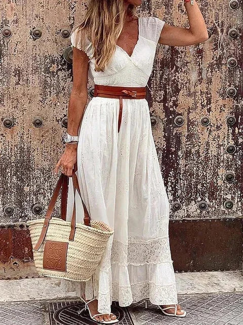 "Kaitlin V-neck belted lace maxi dress, featuring detailed lace design and a flattering belted waist, perfect for a chic…