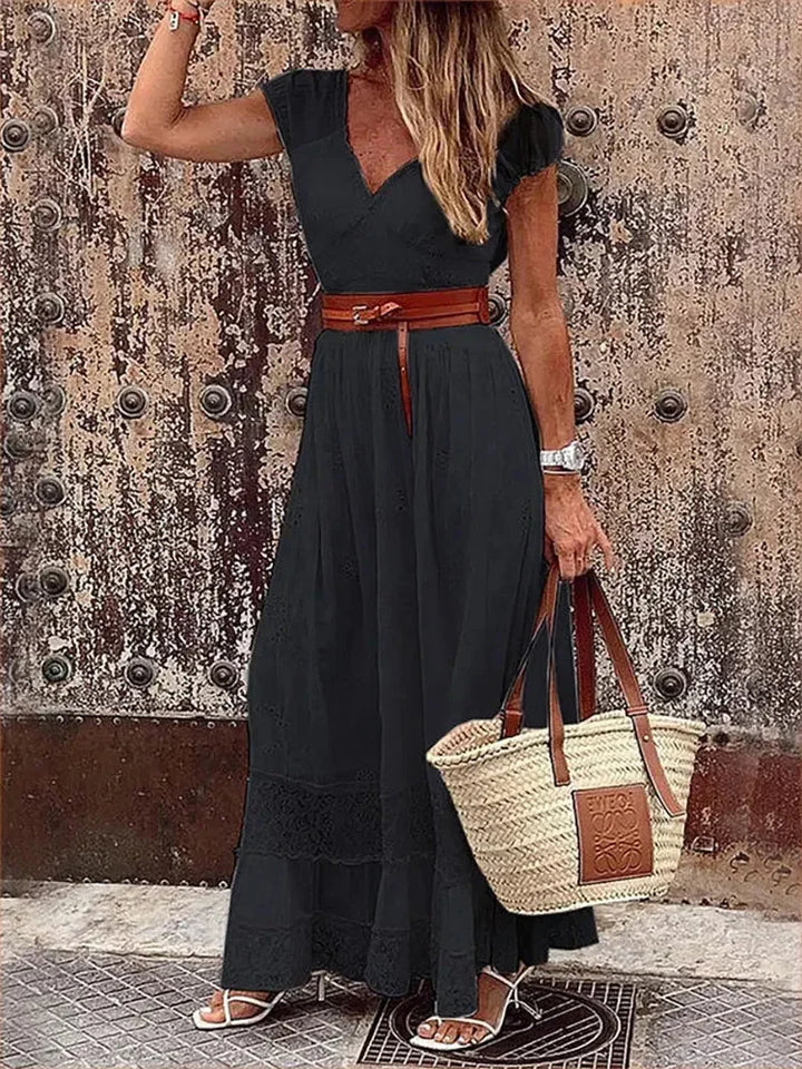 "Kaitlin - V-neck belted lace maxi dress in black, featuring delicate lace design, cinched waist with belt, and elegant…