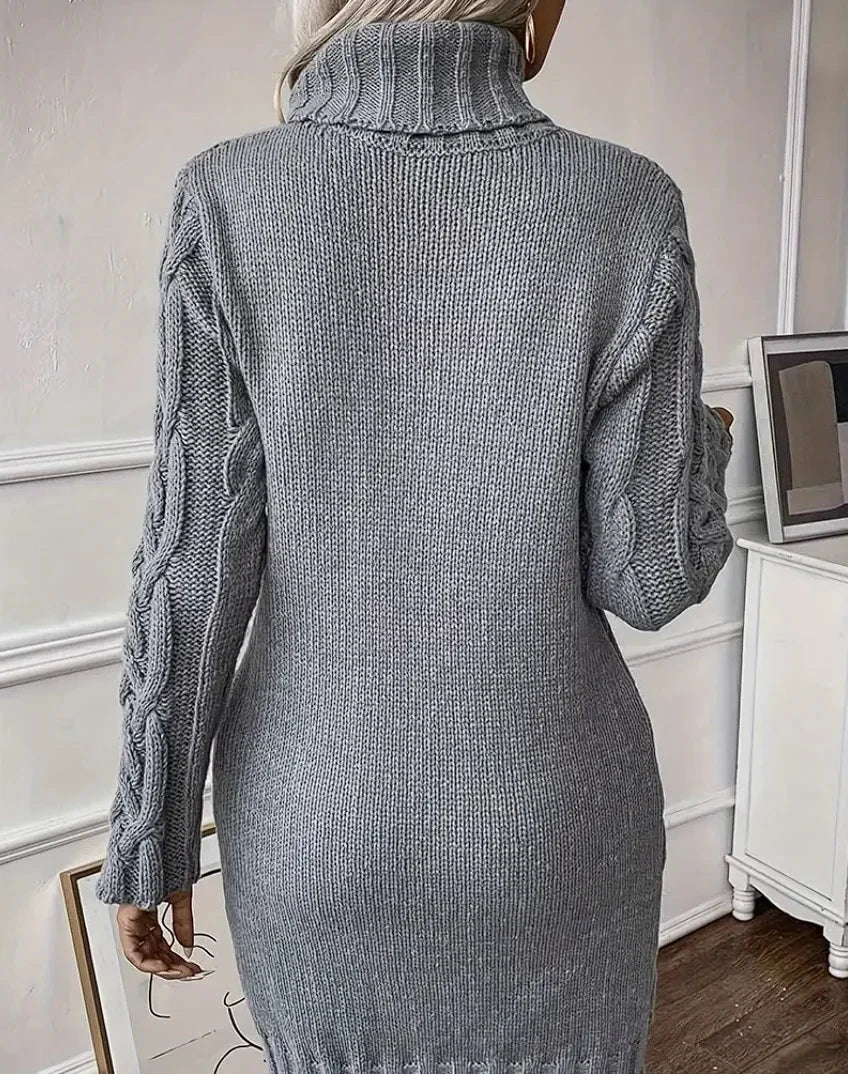 Turtleneck dress in gray with cable knit detail, made of soft cotton blend - Brady.