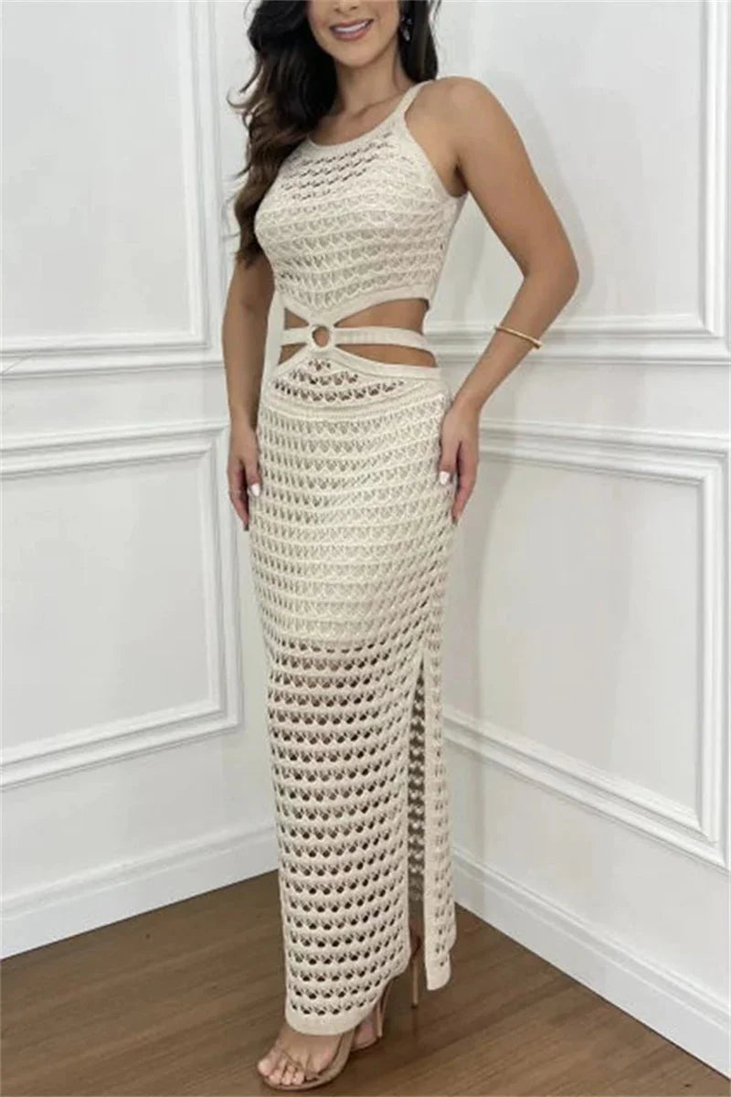 Beige open knit two-piece outfit featuring a stylish and trendy design, perfect for a casual or semi-formal look.