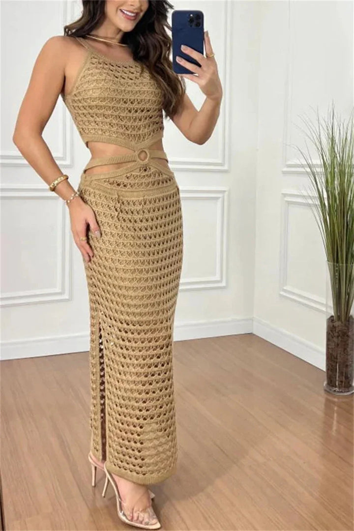 Khaki two-piece outfit with open knit design, featuring a stylish and trendy look.