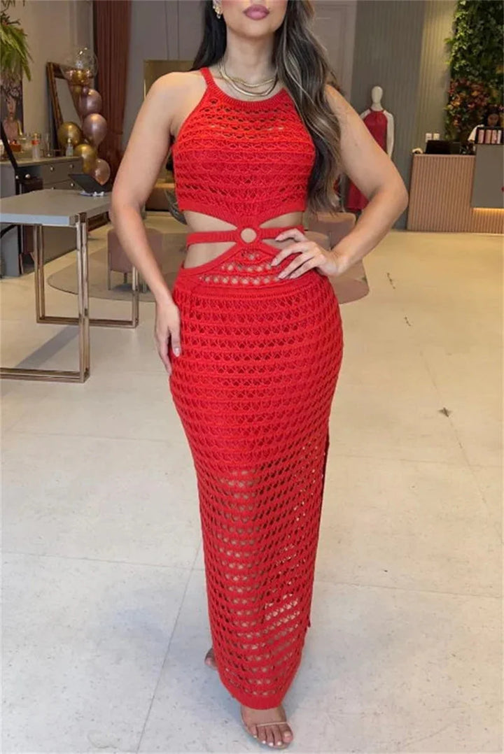 Red open knit two-piece outfit featuring a stylish design in a comfortable and breathable material.