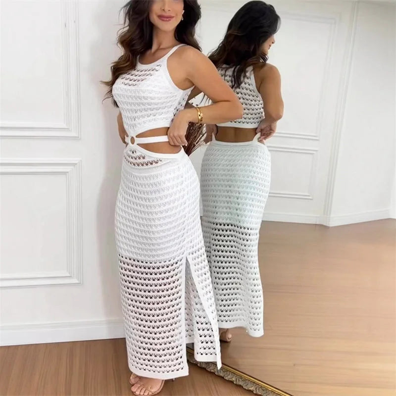 Melissa two-piece open knit outfit in White, featuring stylish design and breathable material for a chic look.