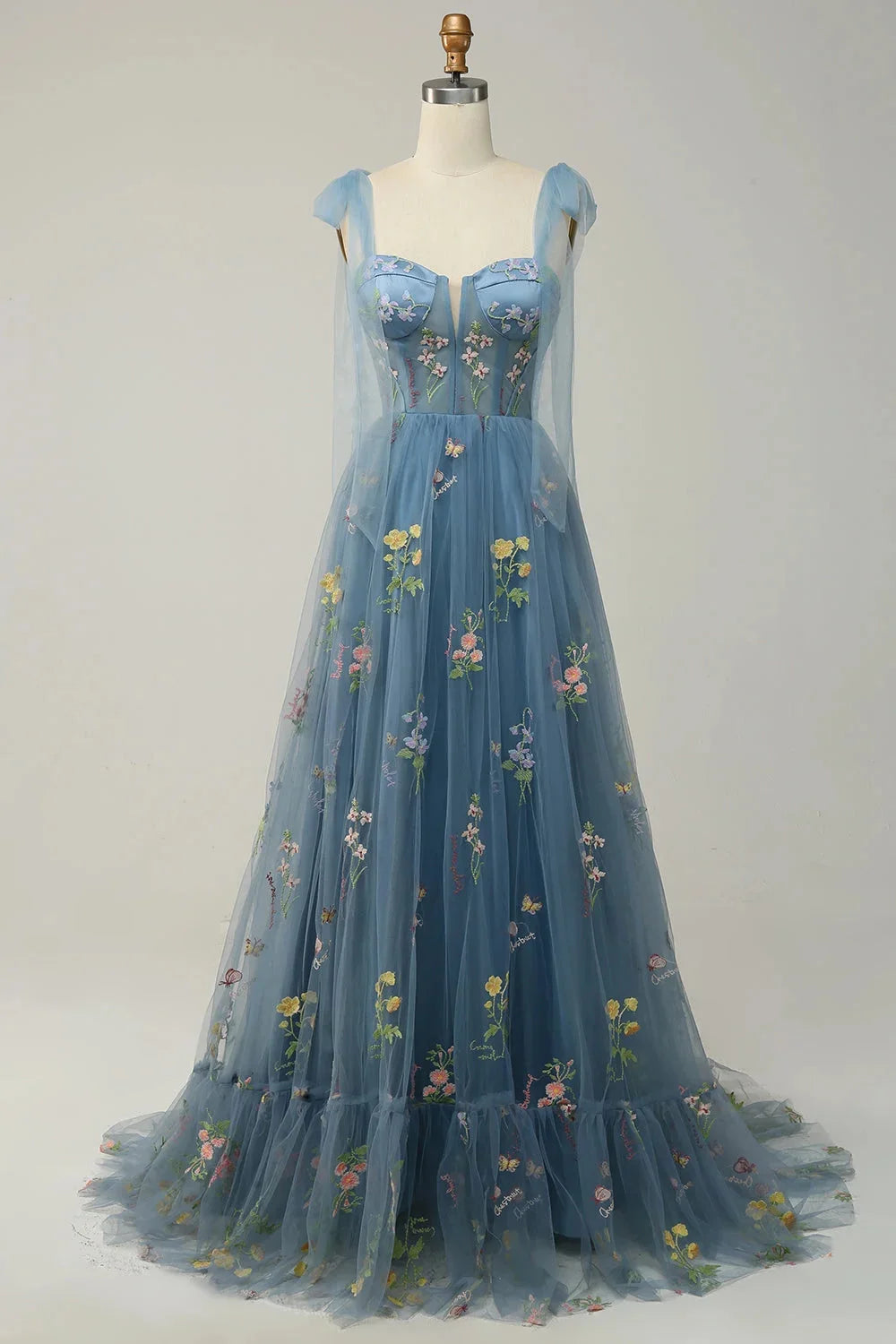 Grey blue tulle dress with delicate embroidery and sheer overlay, a dreamy addition to your wardrobe.