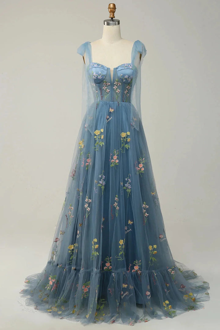 Grey blue tulle dress with delicate embroidery and sheer overlay, a dreamy addition to your wardrobe.
