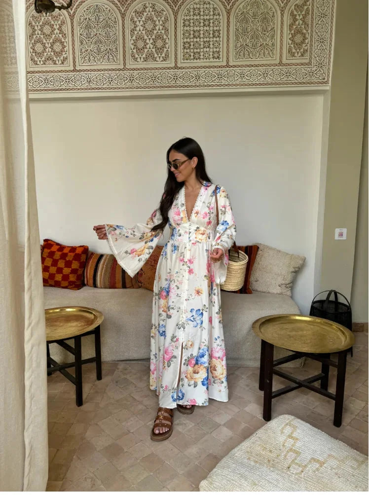 "Eiley boho dress with long sleeves, showcasing a charming floral pattern design in a lightweight and breathable fabric."