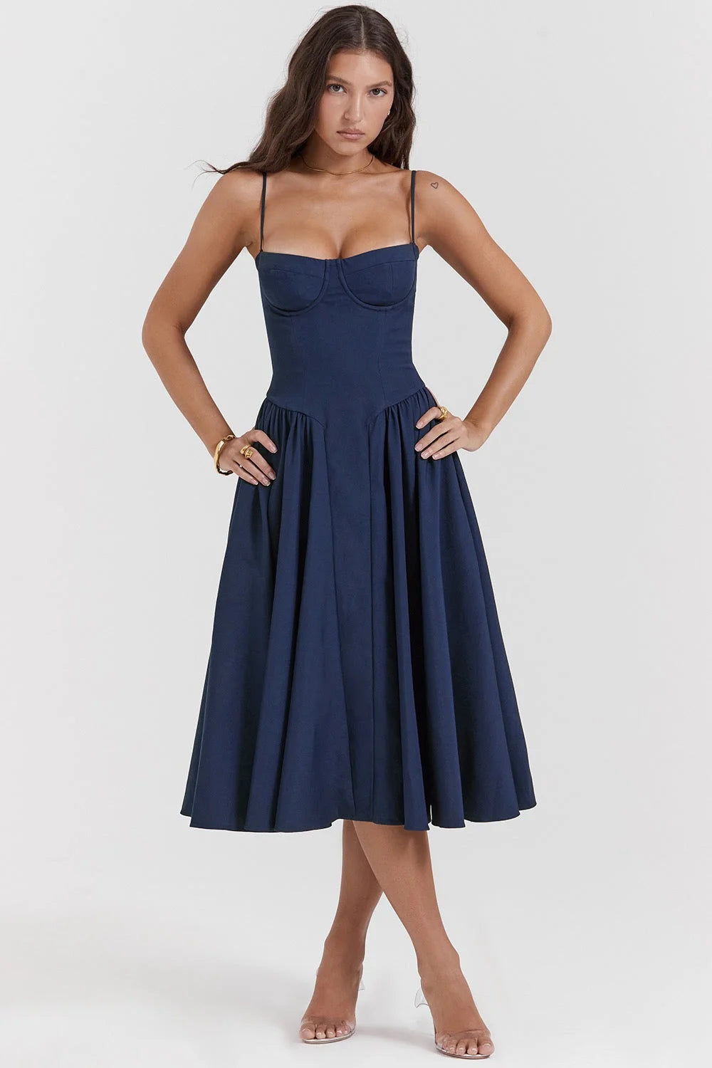 "Navy Blue Zamya slimming bodice sundress with flared skirt, made of breathable cotton blend, perfect for a casual yet…