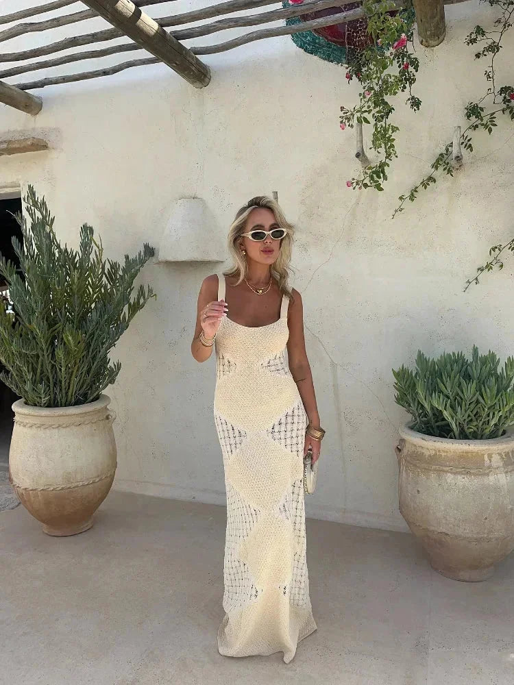 "Sleeveless cream knit maxi dress in Sand by Rubie, perfect for warm days with a flowy silhouette and stylish design."