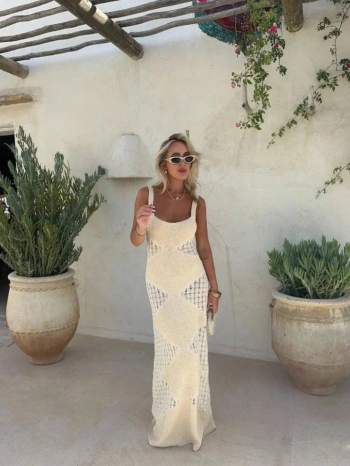 "Sleeveless cream knit maxi dress in Sand by Rubie, perfect for warm days with a flowy silhouette and stylish design."