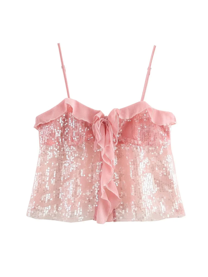 Pink sequin top with ruffle details and sheer fabric for women in Paityn collection.