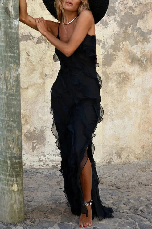"Gwenyth V-neck maxi dress in soft chiffon with cascading ruffled layers in emerald green."