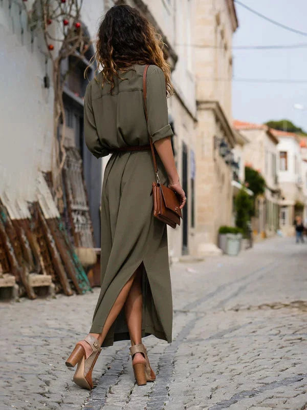 "Ali flowy maxi shirt dress in soft cotton blend with detachable belt for versatile styling, featuring a loose fit and…