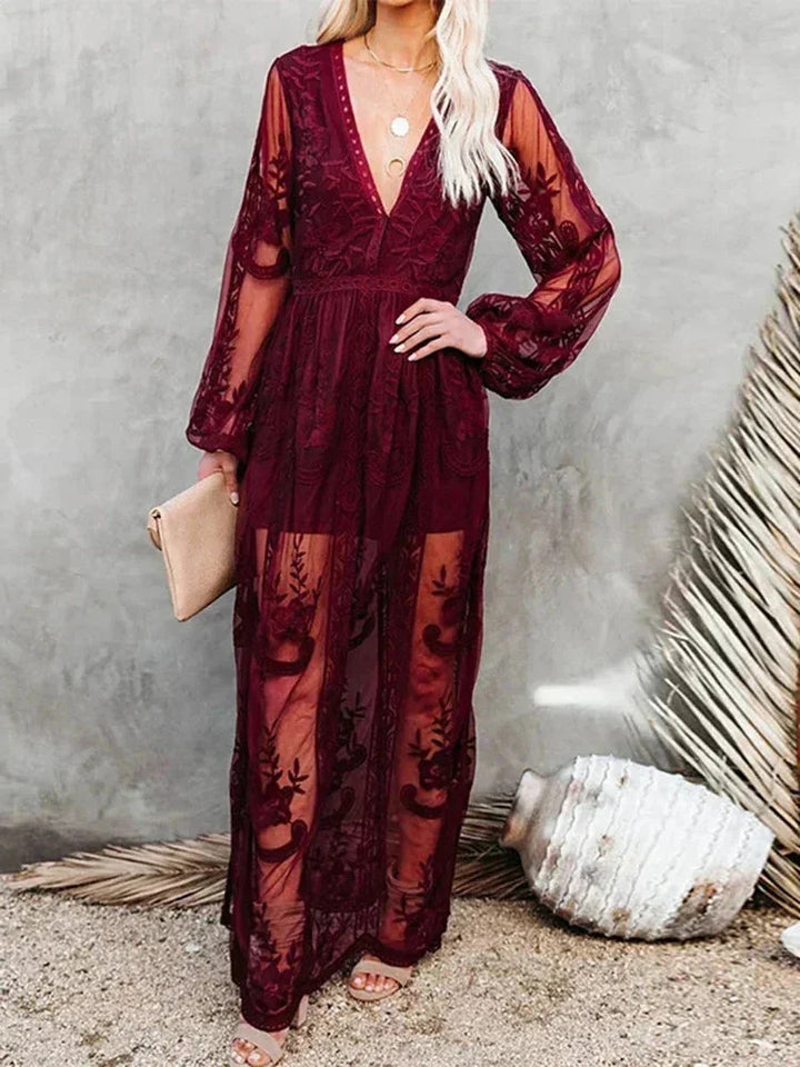 "Zephyr burgundy long sleeve sheer lace maxi dress featuring intricate lace details and elegant design perfect for special…