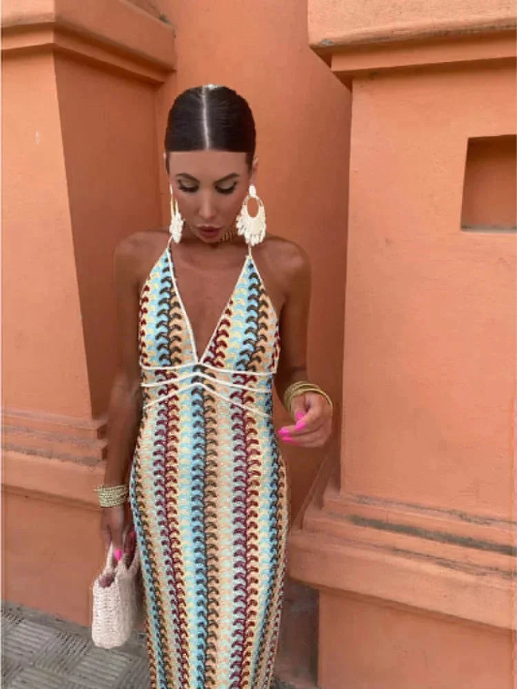 Blakelee - Chevron halter maxi dress with waist tie, featuring a flattering chevron print design and a stylish waist tie…