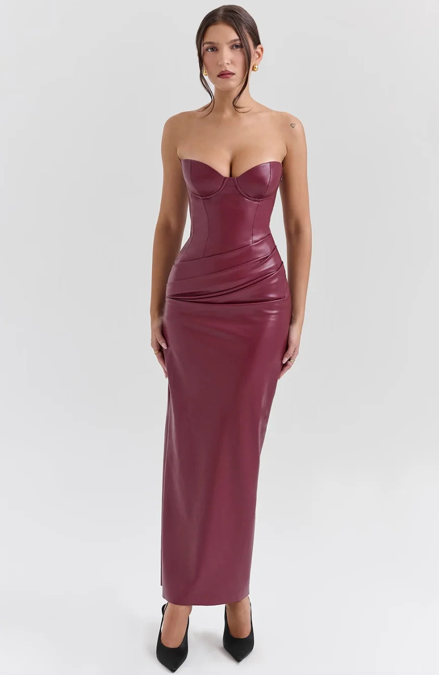 "Burgundy strapless fitted maxi dress by Kamri featuring a sleek silhouette and high-quality fabric."